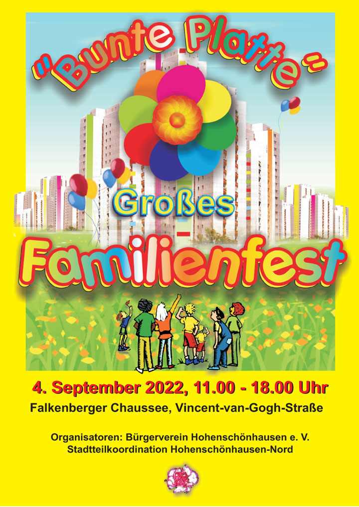 Am 4. September 2022, von 11.00 – 18.00 Uhr,  findet endlich wieder unser "Bunte Platte-Fest" auf dem Platz zwischen Warnitzer Bogen, Falkenberger Chaussee und Vincent-van-Gogh-Straße statt.